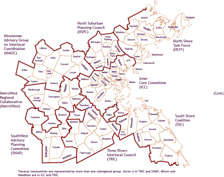 This is a map of the cities and towns in the Boston Region. There are 101 cities and towns within the Boston Region Metropolitan Planning Organization’s planning area. This figure also delineates the eight (8) sub-regions within the shared Boston Region Metropolitan Planning Organization and Metropolitan Area Planning Council planning area. The eight sub-regions are the: South Shore Coalition, Three Rivers Interlocal Council, South West Advisory Planning Committee, MetroWest Regional Collaborative, Minuteman Advisory Group on Interlocal Coordination, North Suburban Planning Council, North Shore Task Force, and Inner Core Committee.